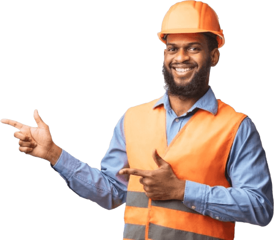 Worker smiling and pointing to his right
